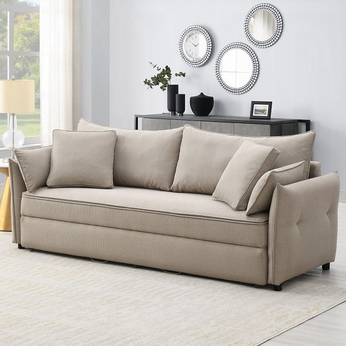 Divano in tessuto e legno con letto estraibile, design beige