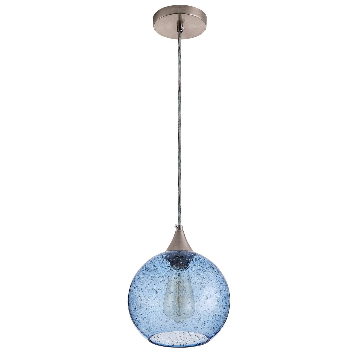 Lampada a sospensione Farmhouse a 1 luce in nichel spazzolato con paralume in vetro blu con semi