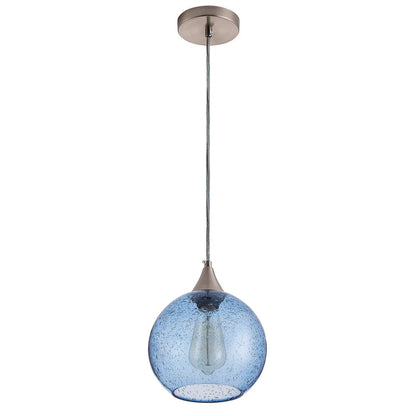 Lampada a sospensione Farmhouse a 1 luce in nichel spazzolato con paralume in vetro blu con semi