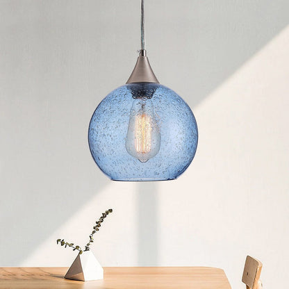 Lampada a sospensione Farmhouse a 1 luce in nichel spazzolato con paralume in vetro blu con semi