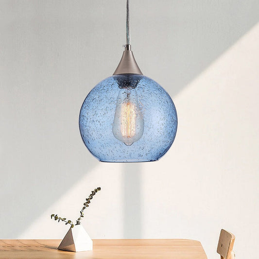 Lampada a sospensione Farmhouse a 1 luce in nichel spazzolato con paralume in vetro blu con semi