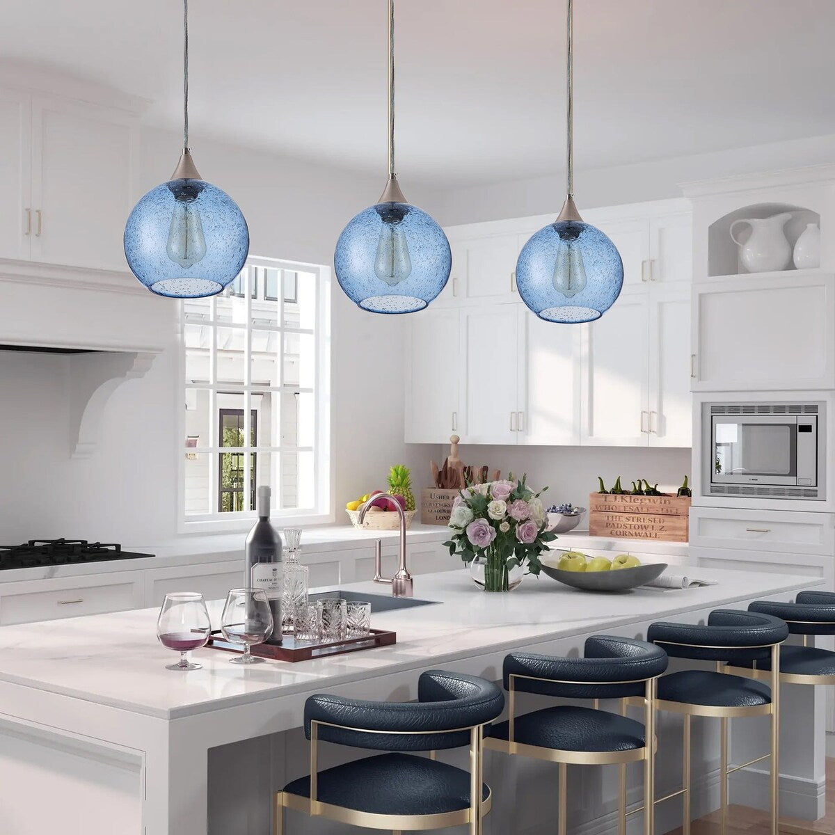 Lampada a sospensione Farmhouse a 1 luce in nichel spazzolato con paralume in vetro blu con semi