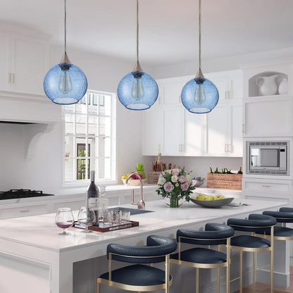 Lampada a sospensione Farmhouse a 1 luce in nichel spazzolato con paralume in vetro blu con semi