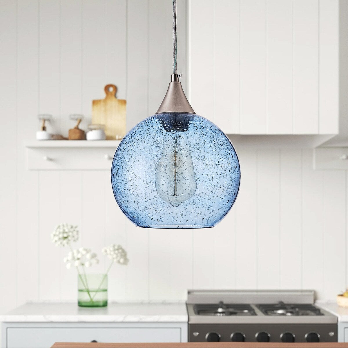 Lampada a sospensione Farmhouse a 1 luce in nichel spazzolato con paralume in vetro blu con semi