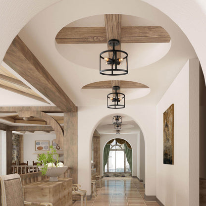 Lampadario a tamburo da soffitto con 4 luci semi-incassate, stile fattoria, nero