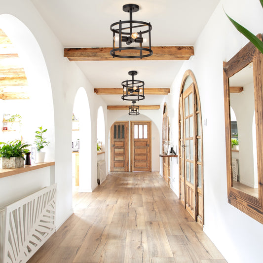 Lampadario a tamburo da soffitto con 4 luci semi-incassate, stile fattoria, nero