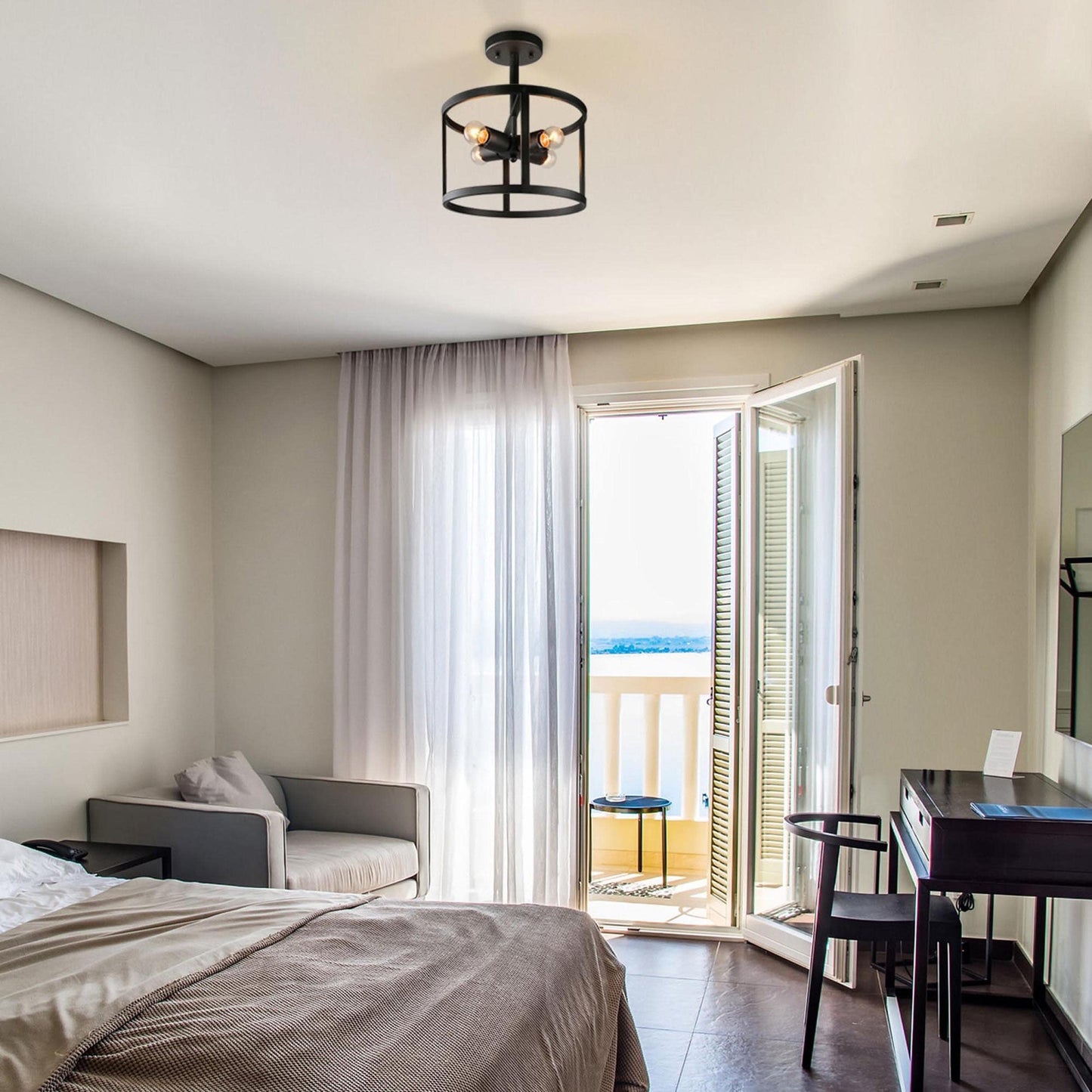 Lampadario a tamburo da soffitto con 4 luci semi-incassate, stile fattoria, nero