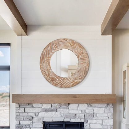 Specchio da parete rotondo in legno intagliato stile fattoria - 28 x 28