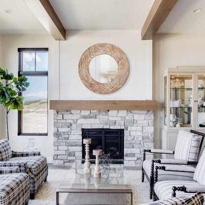 Specchio da parete rotondo in legno intagliato stile fattoria - 28 x 28