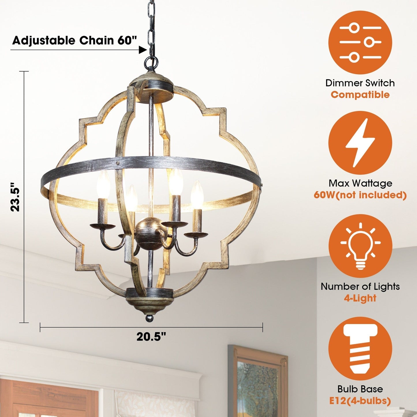 Lampadario a 4 luci in metallo anticato stile fattoria