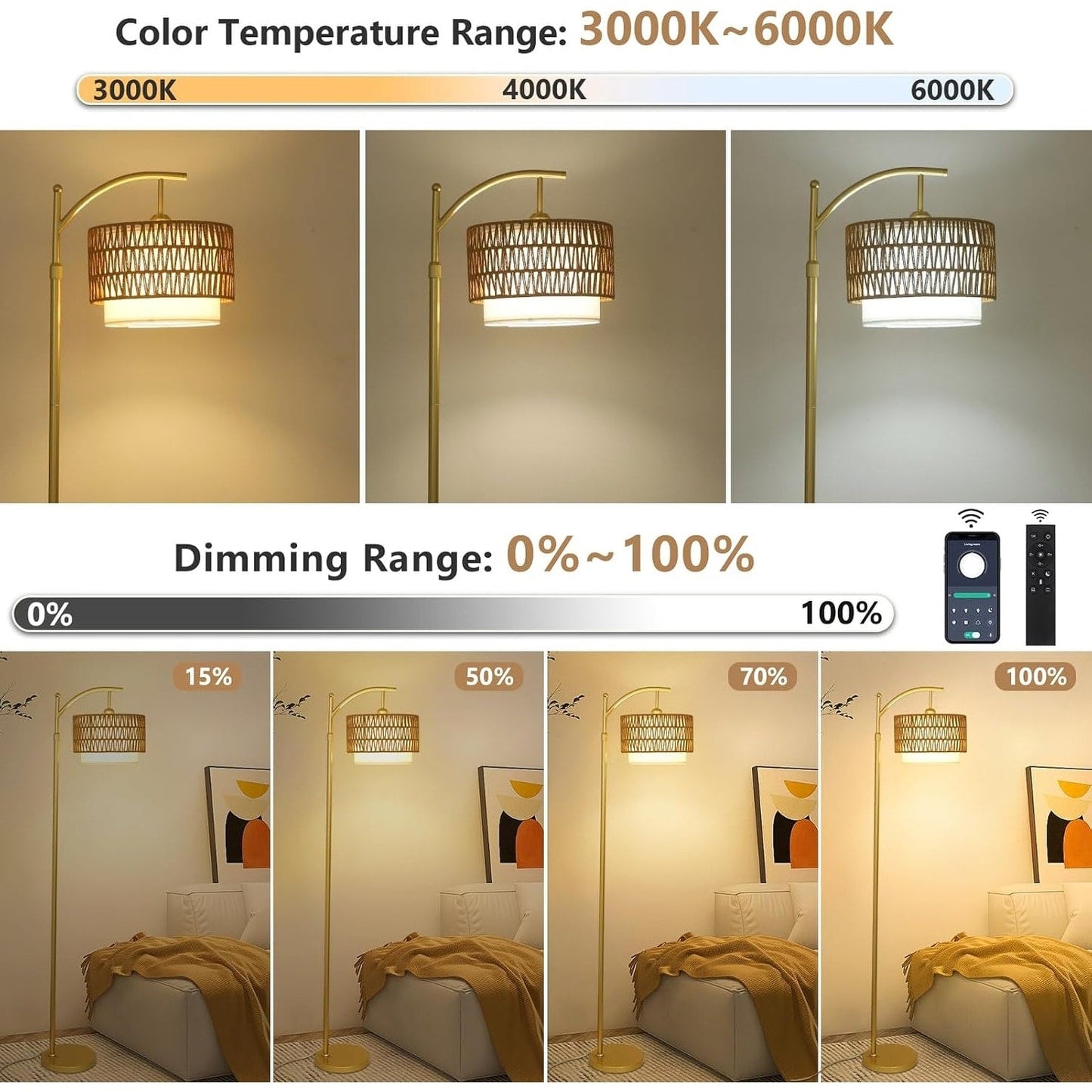 Lampade da terra in stile fattoria con telecomando e lampadina dimmerabile