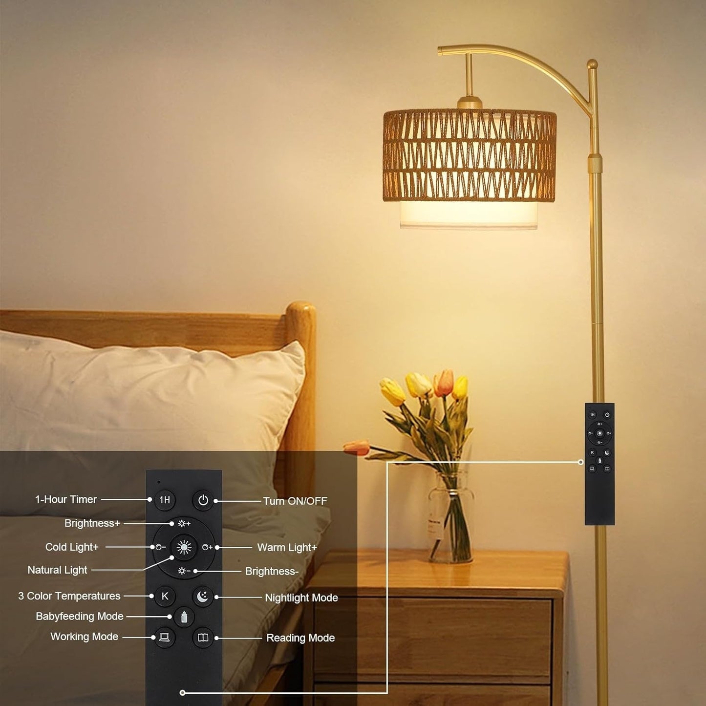 Lampade da terra in stile fattoria con telecomando e lampadina dimmerabile