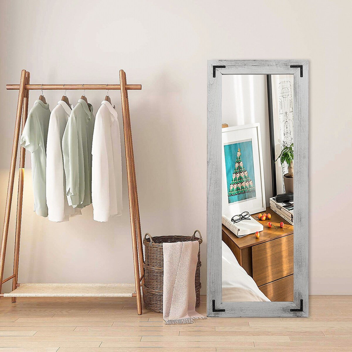 Specchio da terra a figura intera con cornice in legno rustico stile fattoria - 65x24