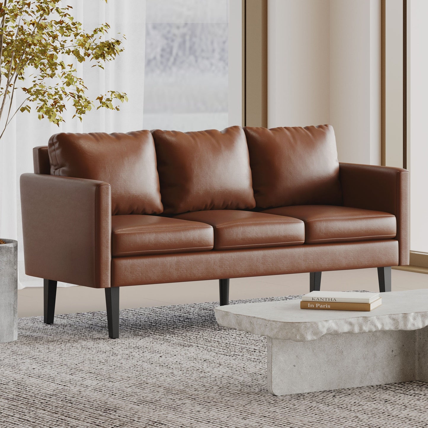 Divano a 3 posti in similpelle con gambe in legno di betulla