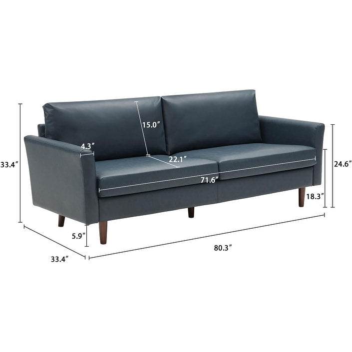 Divano a 3 posti in similpelle con gambe in legno e cuscini imbottiti