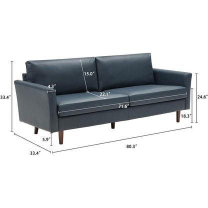 Divano a 3 posti in similpelle con gambe in legno e cuscini imbottiti