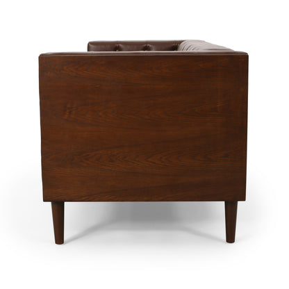 Divano a 3 posti con bottoni in similpelle e gambe in legno di betulla