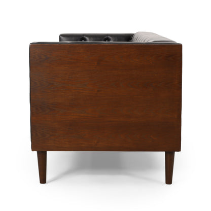 Divano a 3 posti con bottoni in similpelle e gambe in legno di betulla