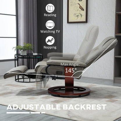 Poltrona reclinabile girevole manuale in similpelle con poggiapiedi, braccioli e base in legno rivestita