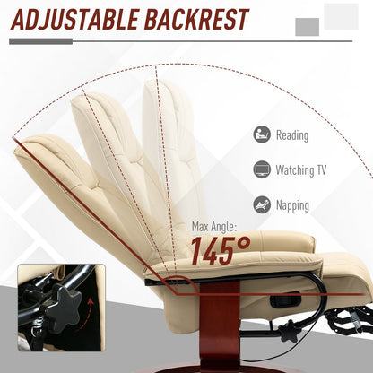 Poltrona reclinabile girevole manuale in similpelle con poggiapiedi, braccioli e base in legno rivestita