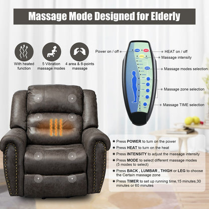 Poltrona reclinabile elettrica oversize in similpelle con telecomando, massaggio e riscaldamento