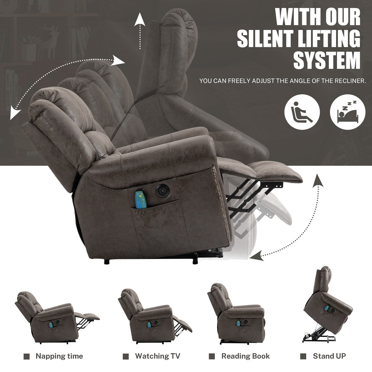 Poltrona reclinabile elettrica oversize in similpelle con telecomando, massaggio e riscaldamento