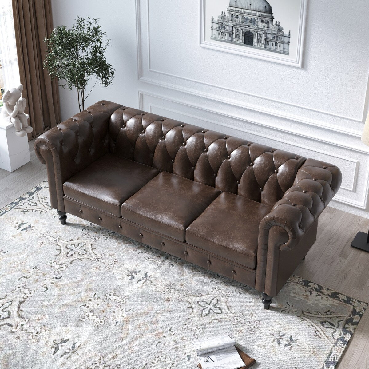 Divano Chesterfield rivestito in similpelle - 3 posti