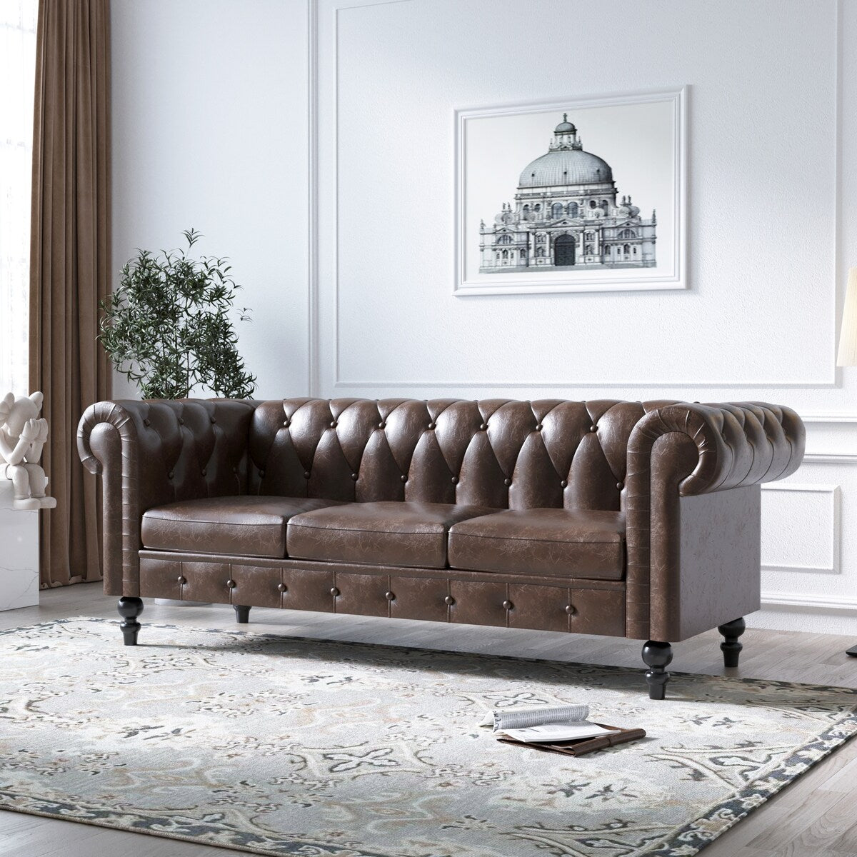Divano Chesterfield rivestito in similpelle - 3 posti