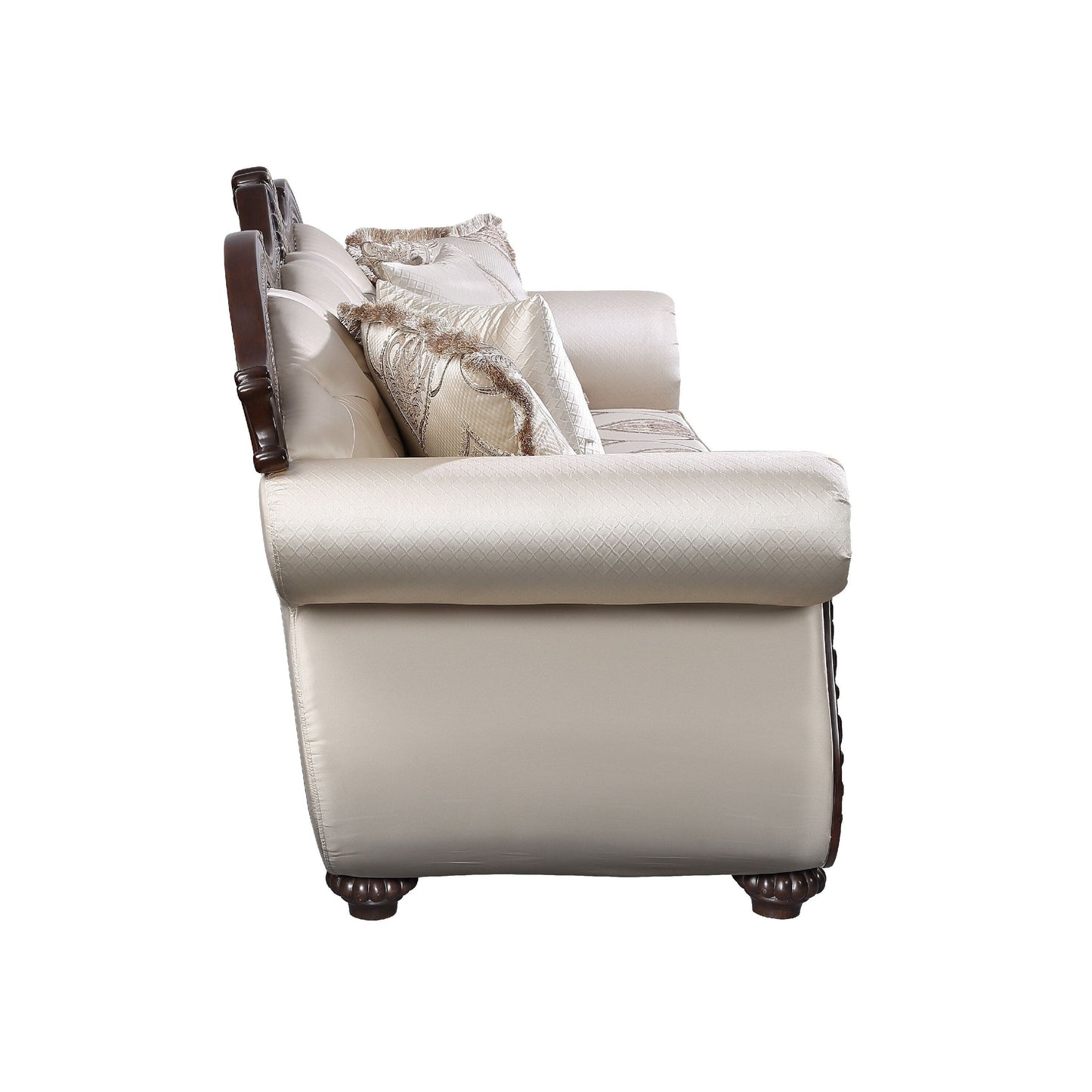 Divano Faya, 5 cuscini, similpelle avorio, legno massello marrone, 93 pollici