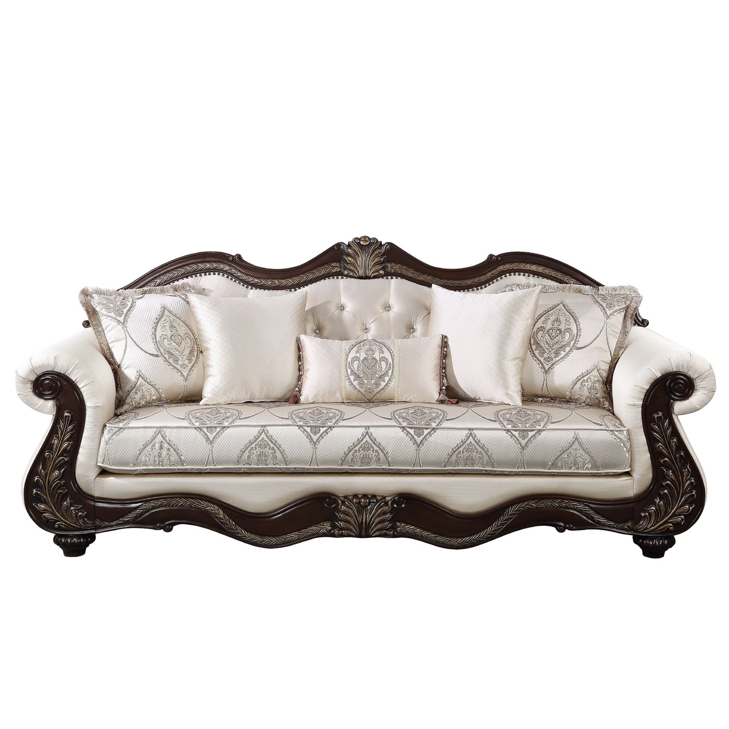 Divano Faya, 5 cuscini, similpelle avorio, legno massello marrone, 93 pollici