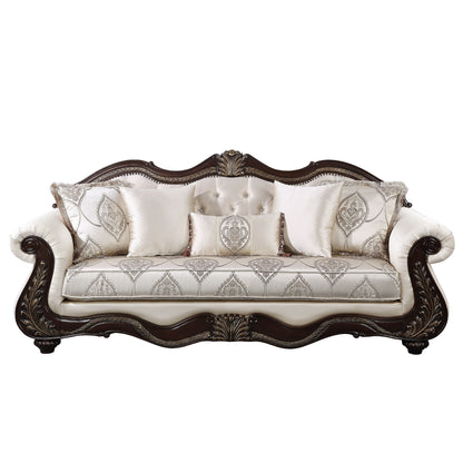 Divano Faya, 5 cuscini, similpelle avorio, legno massello marrone, 93 pollici