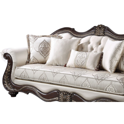 Divano Faya, 5 cuscini, similpelle avorio, legno massello marrone, 93 pollici