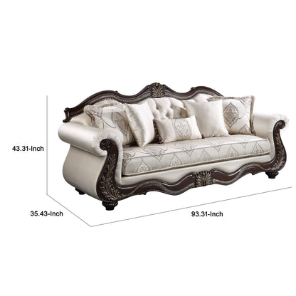 Divano Faya, 5 cuscini, similpelle avorio, legno massello marrone, 93 pollici