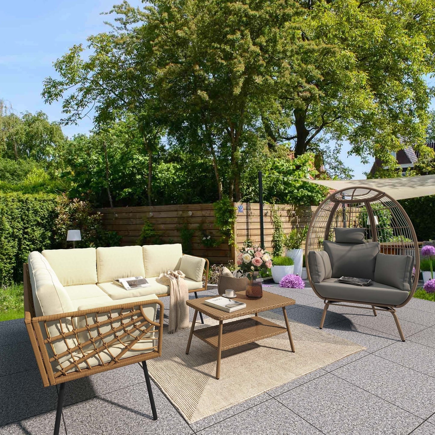 Set da conversazione per patio esterno Moasis da 4 pezzi, divano componibile in vimini, divano a L con tavolino da caffè