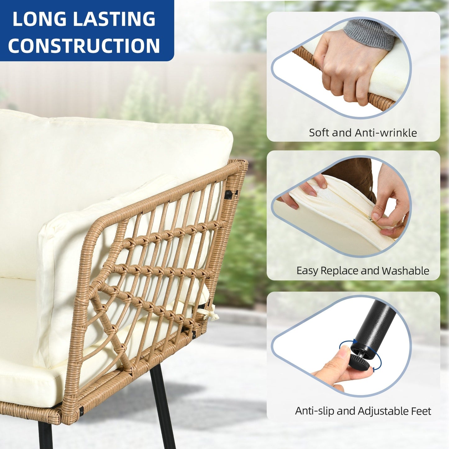 Set da conversazione per patio esterno Moasis da 4 pezzi, divano componibile in vimini, divano a L con tavolino da caffè