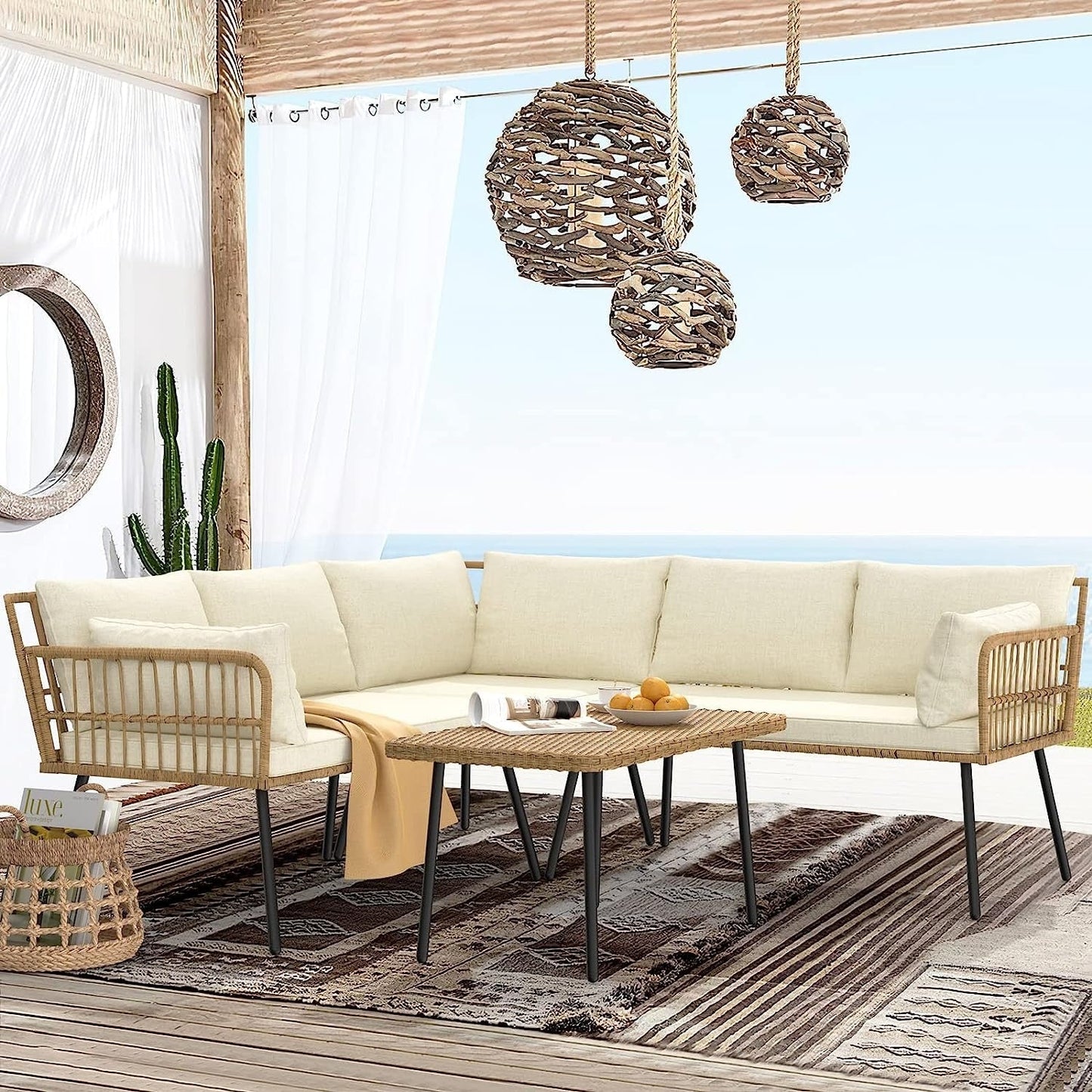 Set da conversazione per patio esterno Moasis da 4 pezzi, divano componibile in vimini, divano a L con tavolino da caffè