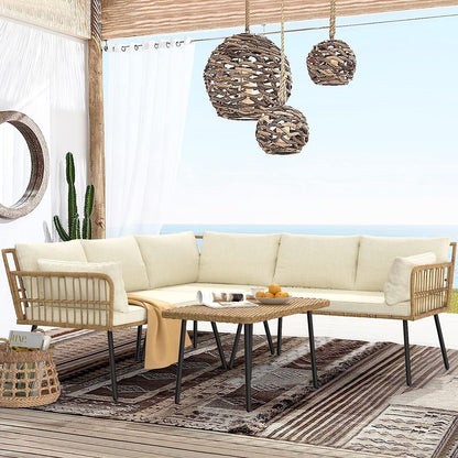 Set da conversazione per patio esterno Moasis da 4 pezzi, divano componibile in vimini, divano a L con tavolino da caffè