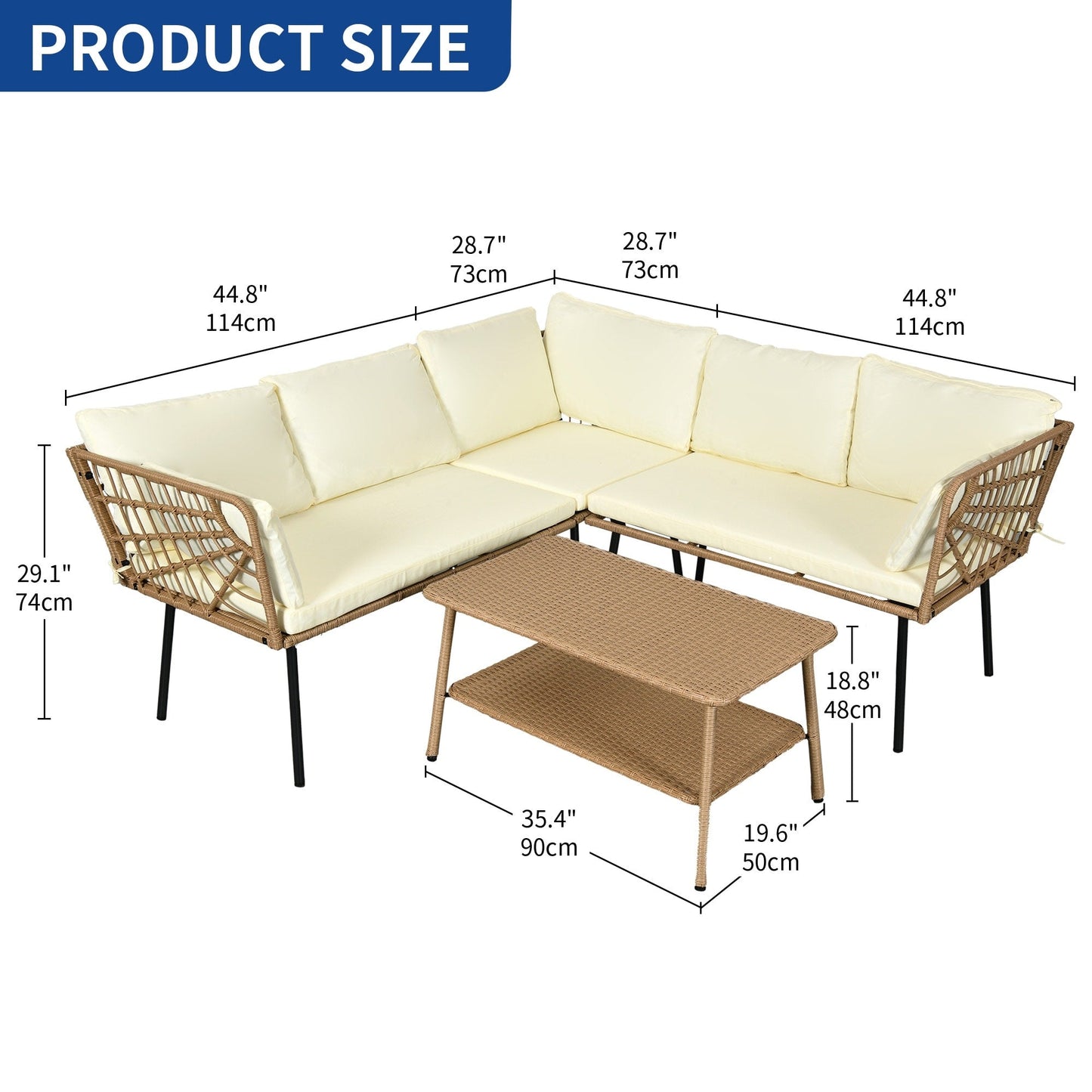 Set da conversazione per patio esterno Moasis da 4 pezzi, divano componibile in vimini, divano a L con tavolino da caffè
