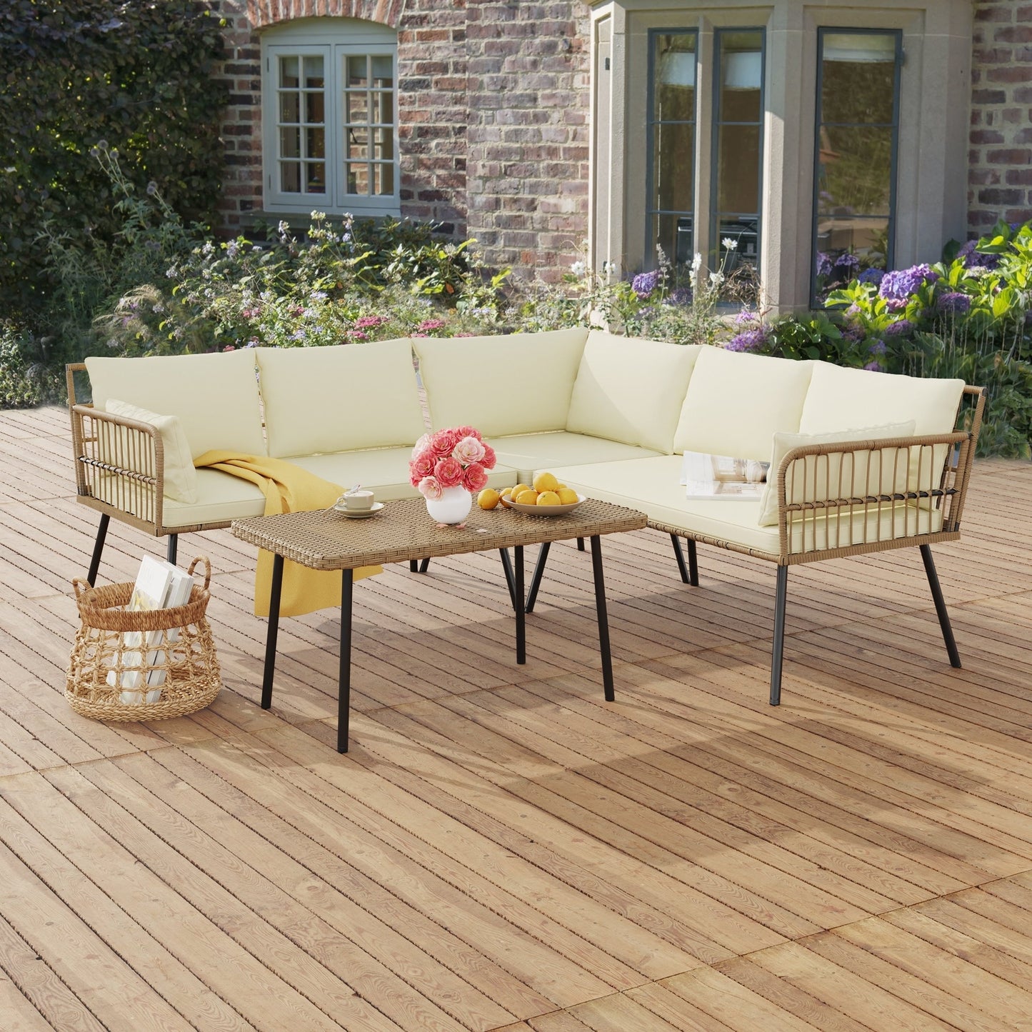 Set da conversazione per patio esterno Moasis da 4 pezzi, divano componibile in vimini, divano a L con tavolino da caffè