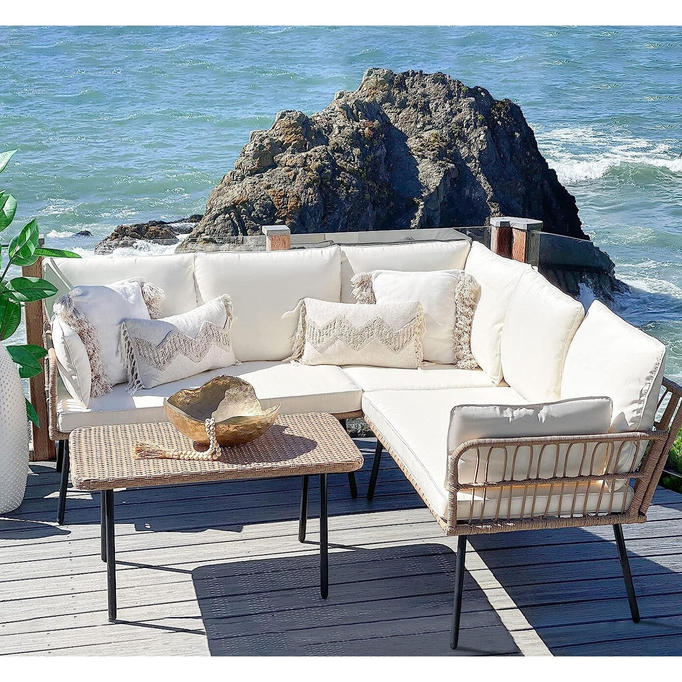 Set da conversazione per patio esterno Moasis da 4 pezzi, divano componibile in vimini, divano a L con tavolino da caffè