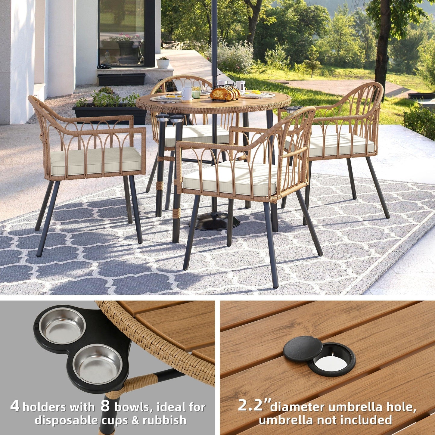 Set da pranzo per esterni Moasis da 5 pezzi in rattan, tavolo con sedie in vimini e foro per ombrellone