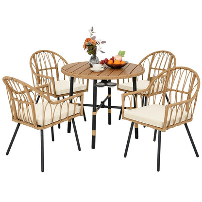 Set da pranzo per esterni Moasis da 5 pezzi in rattan, tavolo con sedie in vimini e foro per ombrellone