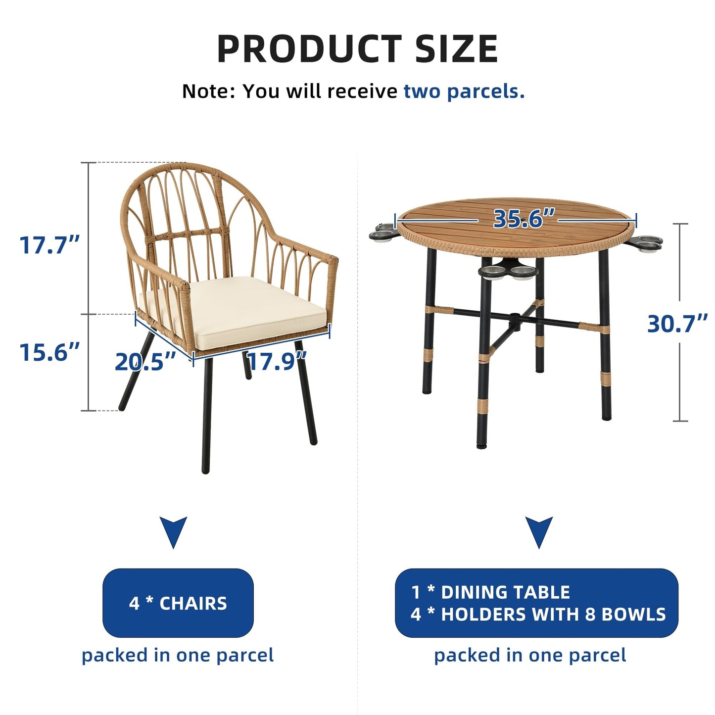 Set da pranzo per esterni Moasis da 5 pezzi in rattan, tavolo con sedie in vimini e foro per ombrellone