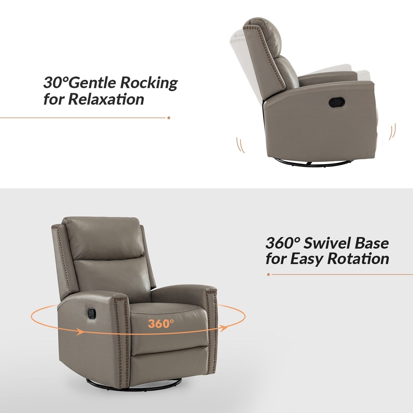 Poltrona reclinabile girevole Fiacro 30.31Wide Modern in vera pelle con schienale alto e finiture con borchie