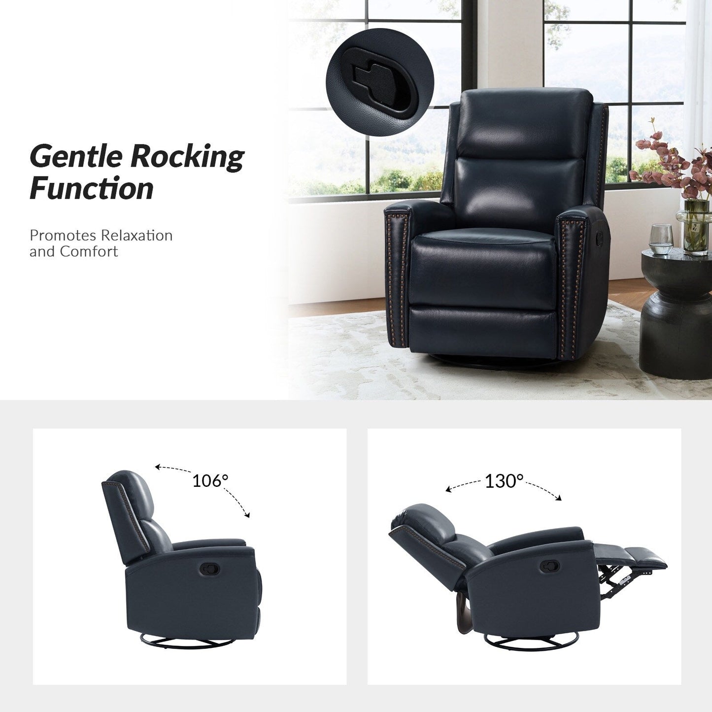 Poltrona reclinabile girevole Fiacro 30.31Wide Modern in vera pelle con schienale alto e finiture con borchie, set da 2