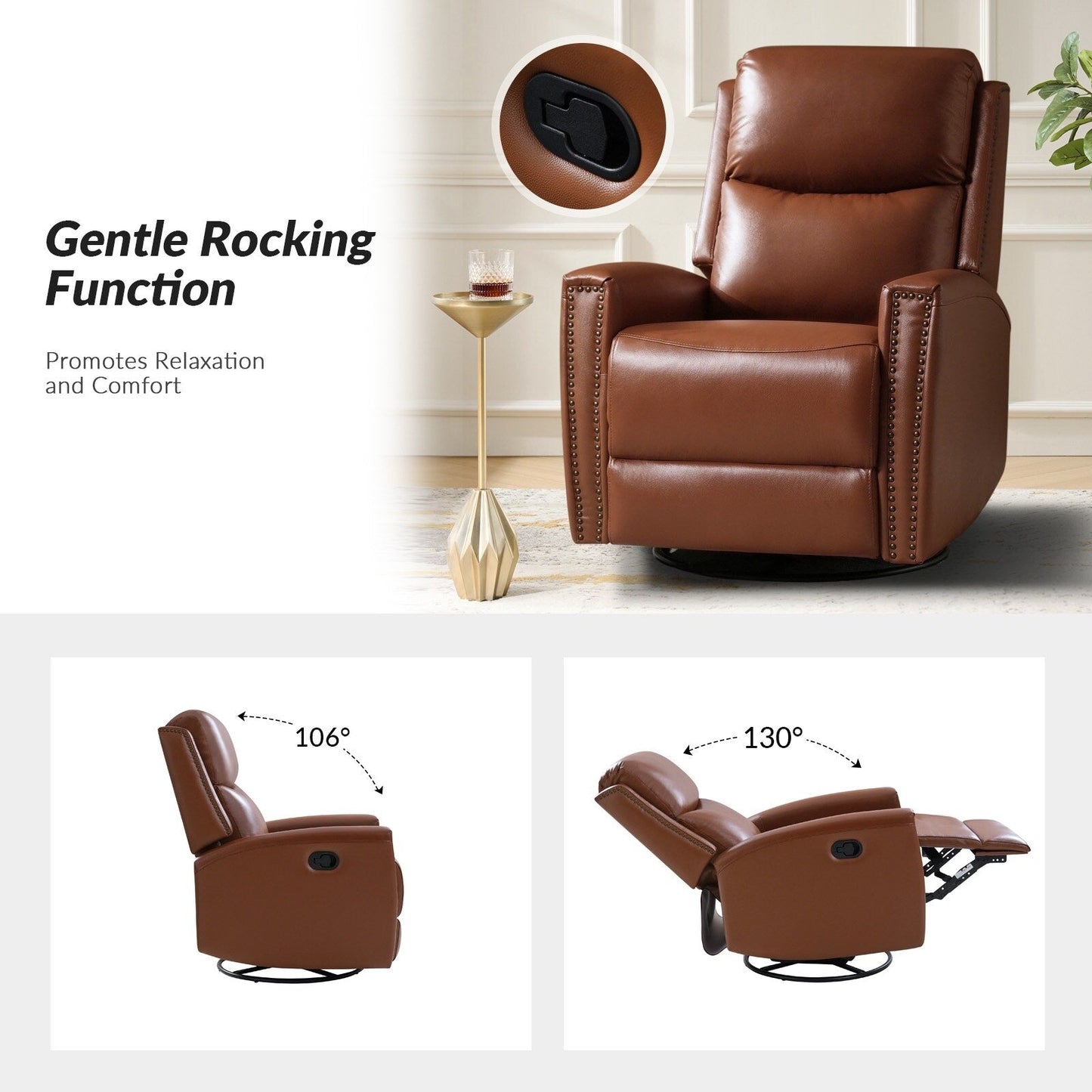 Poltrona reclinabile girevole Fiacro 30.31Wide Modern in vera pelle con schienale alto e finiture con borchie, set da 2