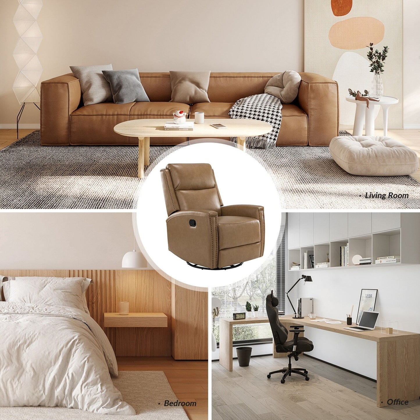 Poltrona reclinabile girevole Fiacro 30.31Wide Modern in vera pelle con schienale alto e finiture con borchie, set da 2