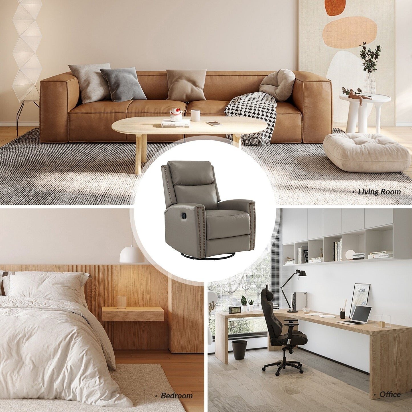 Poltrona reclinabile girevole Fiacro 30.31Wide Modern in vera pelle con schienale alto e finiture con borchie, set da 2