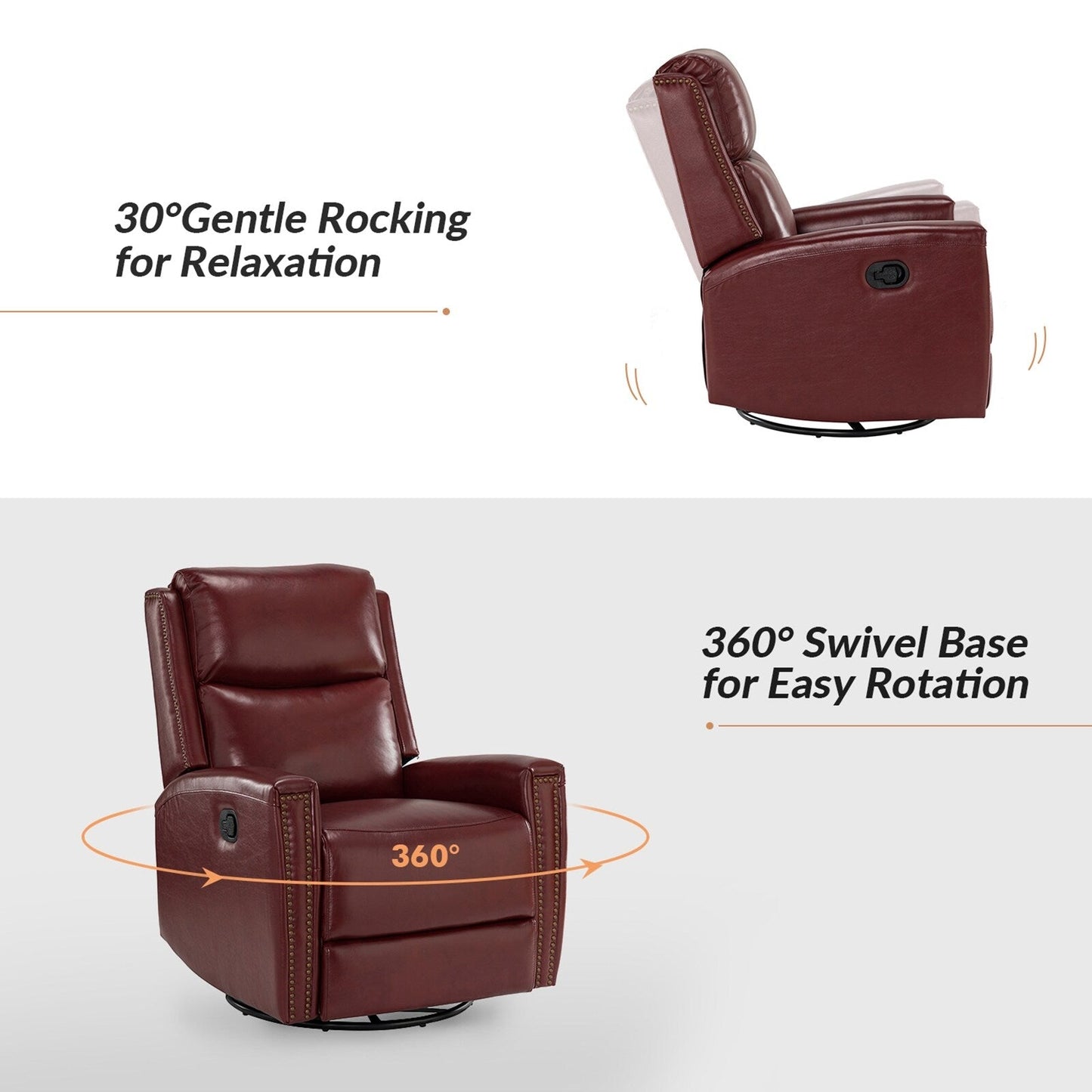 Poltrona reclinabile girevole Fiacro 30.31Wide Modern in vera pelle con schienale alto e finiture con borchie, set da 2