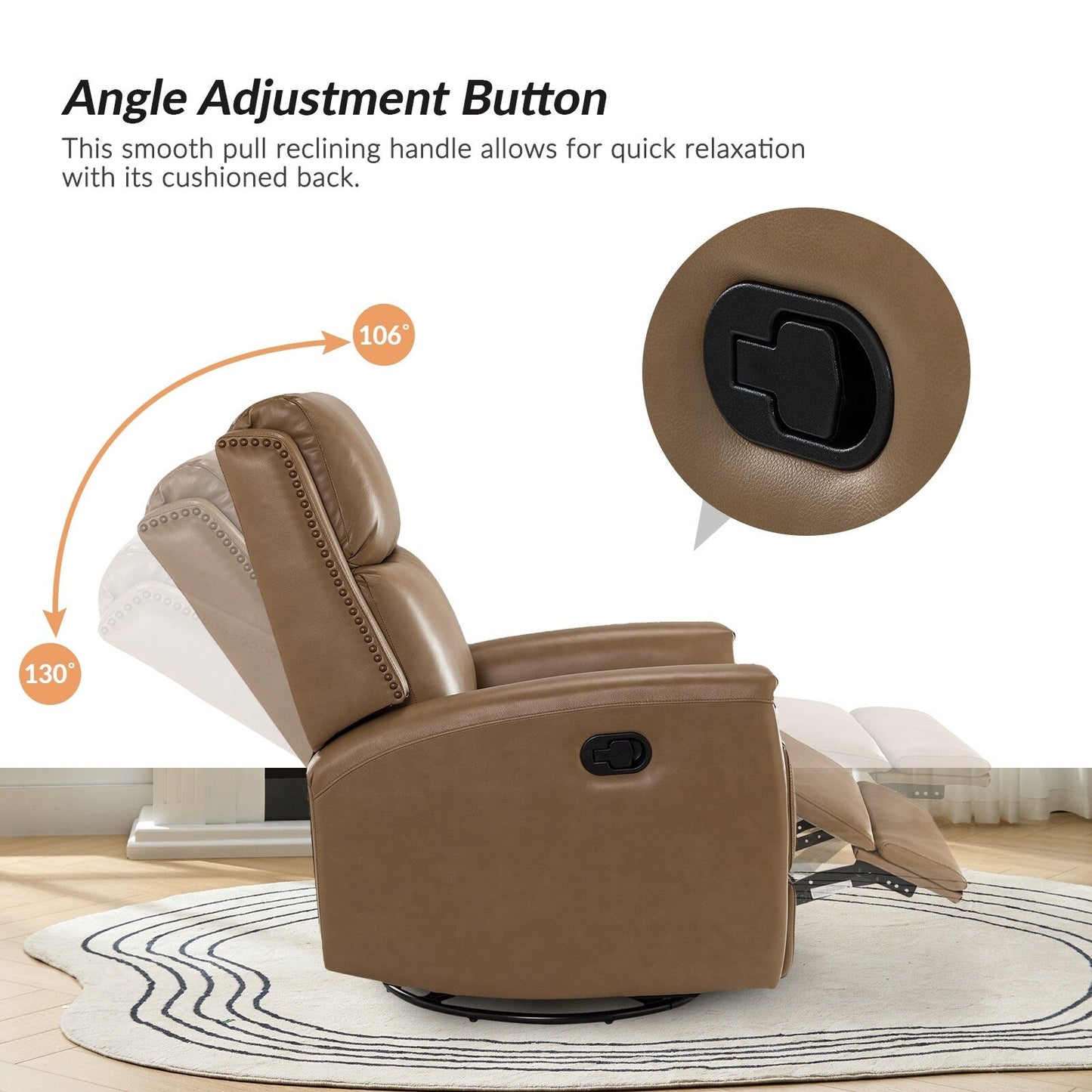 Poltrona reclinabile girevole Fiacro 30.31Wide Modern in vera pelle con schienale alto e finiture con borchie, set da 2